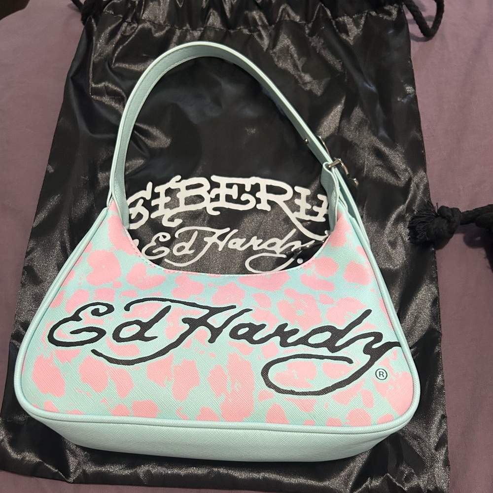 Ed Hardy x Siberia Hills Pink and Blue Shoulder Bag with Animal Print